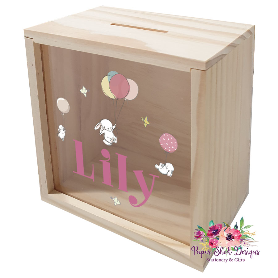 Timber Money Box | Bunny and Balloons Pink - Paper Shed Designs