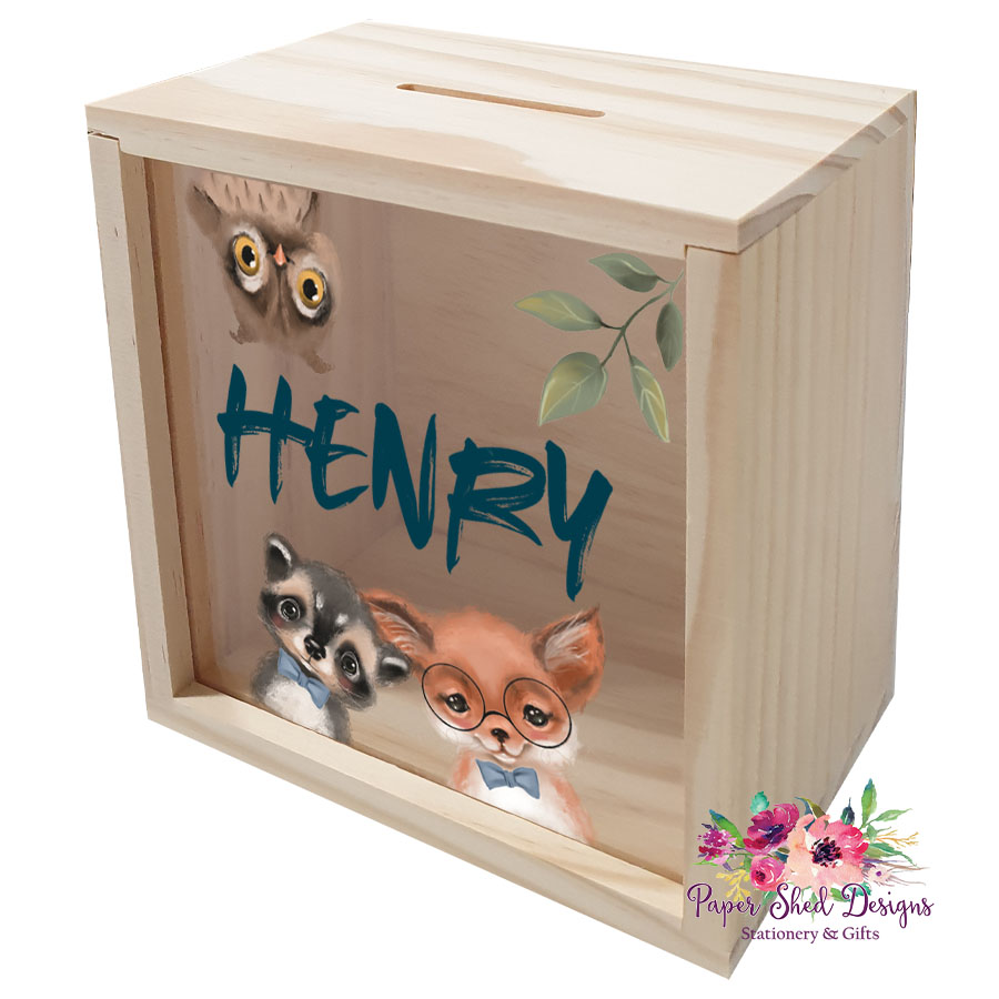 Timber Money Box Woodland Animals 2 Paper Shed Designs