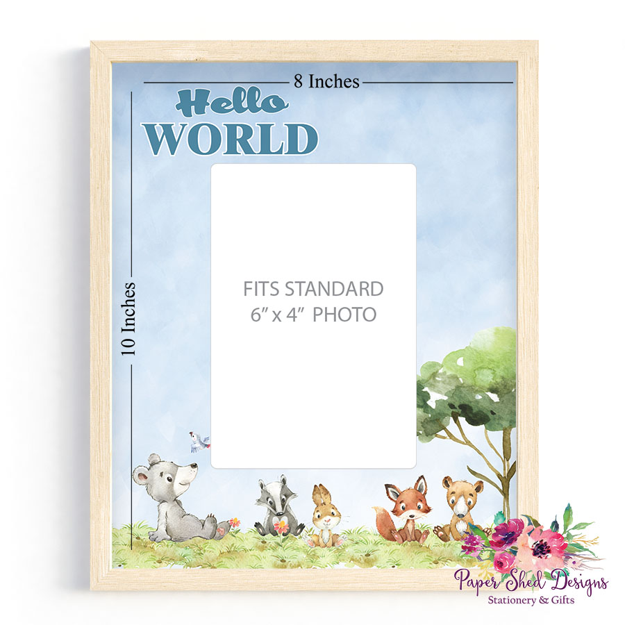 Hello world baby's first photo frame woodland animals