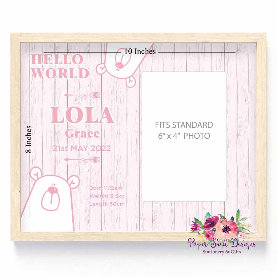 Hello world baby's first photo frame pink bear