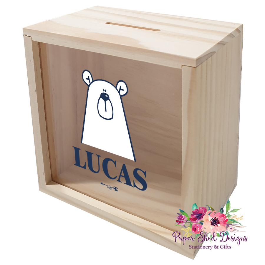 Timber Money Box Just Bear Dark Blue Paper Shed Designs