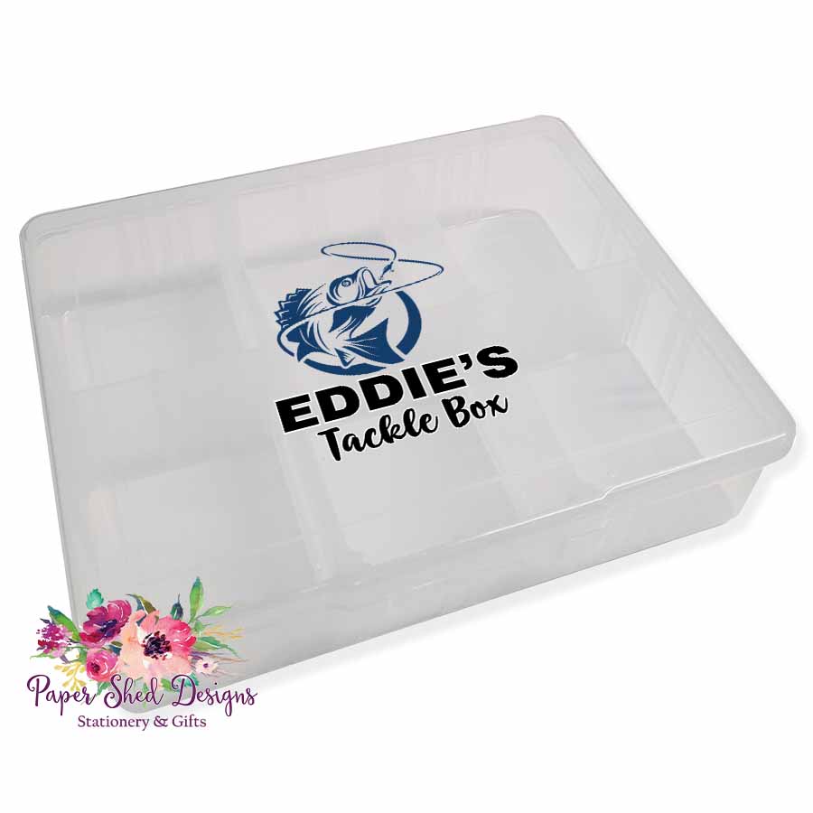 Personalised tackle box with blue fish design